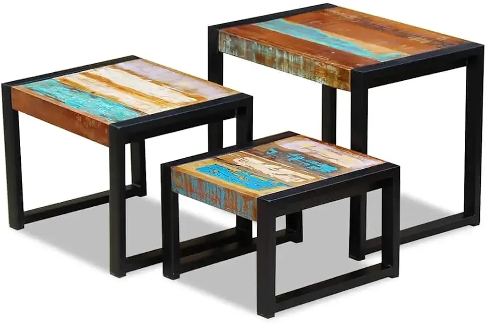 vidaXL Vintage Three Piece Nesting Tables Set Solid Reclaimed Wood Black Steel Legs Multicolor Finish Versatile Furniture for Living Room Bedroom Hallway Indoor Use Side Table Wooden