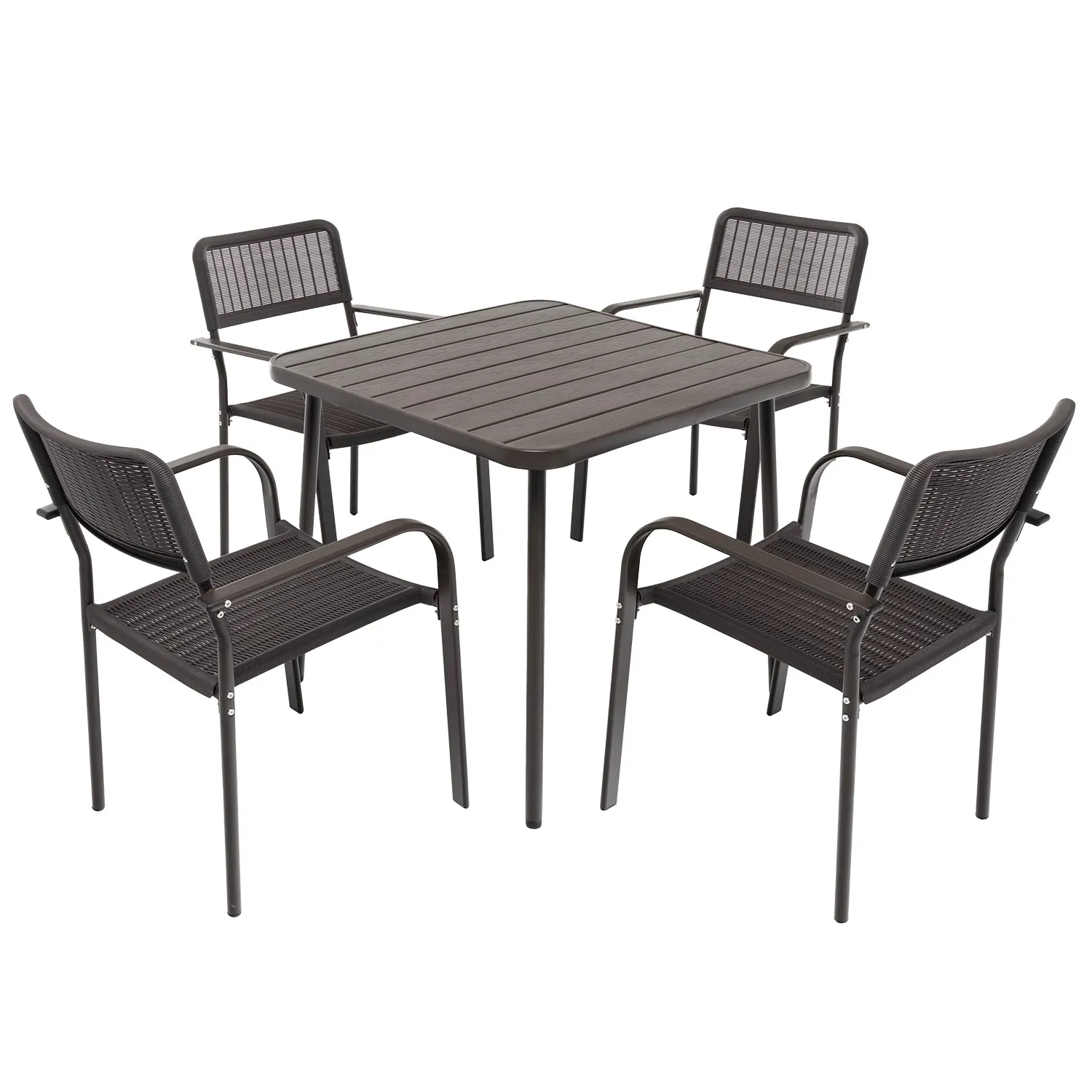 Set Tavolo da Giardino 4 Posti in Metallo con Sedie Intrecciate Marrone