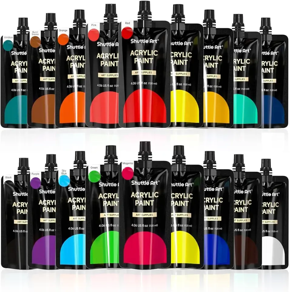 Shuttle Art Acrylic Paint, 18 Colors Acrylic Paint Pouches (120ml/4.06oz), Artist Grade Paint Set, Rich Pigments, Non-Toxic for Artists, Beginners and Kids on Rocks Crafts Canvas Wood Ceramic