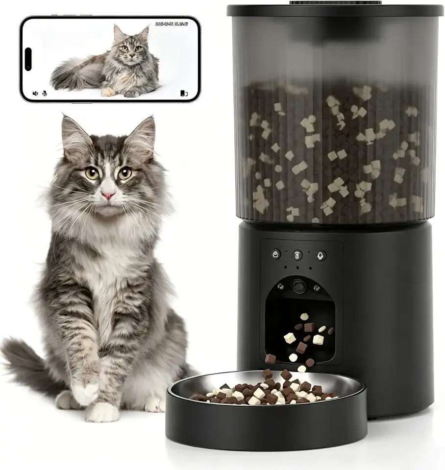Automatic Cat Feeder, 4.5L Easy Install Pet Food Dispenser, 1080P HD Camera, 5GWIFI with Night Vision, Motion Alarm, Stainless Steel (Black)