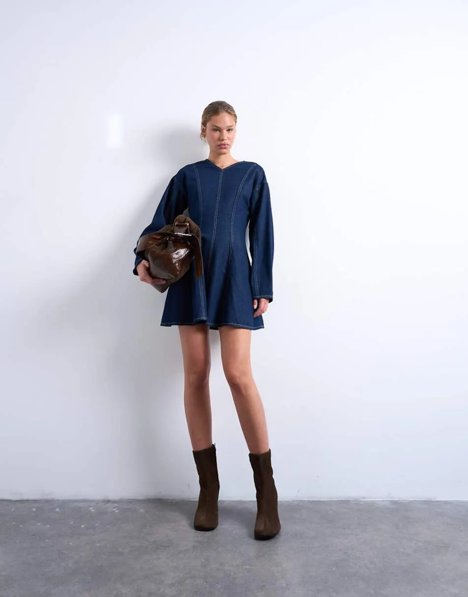 Topshop denim long sleeve flared mini dress in rinse