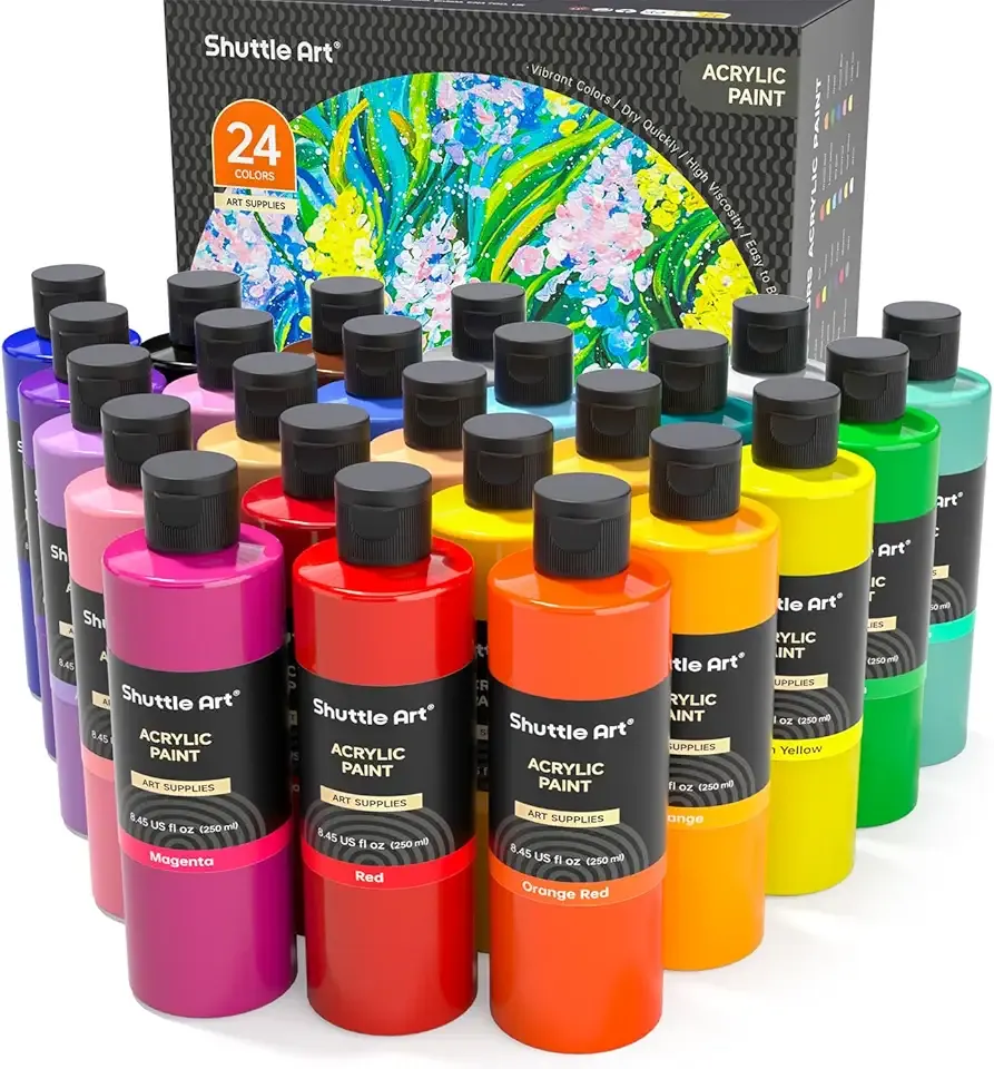 Shuttle Art Acrylic Paint, 24 Colors Acrylic Paint Bottle Set, 250ml/8.45oz Each, Rich Pigments, High Viscosity, Bulk for Artists, Beginners and Kids Painting on Rocks Crafts Canvas Wood