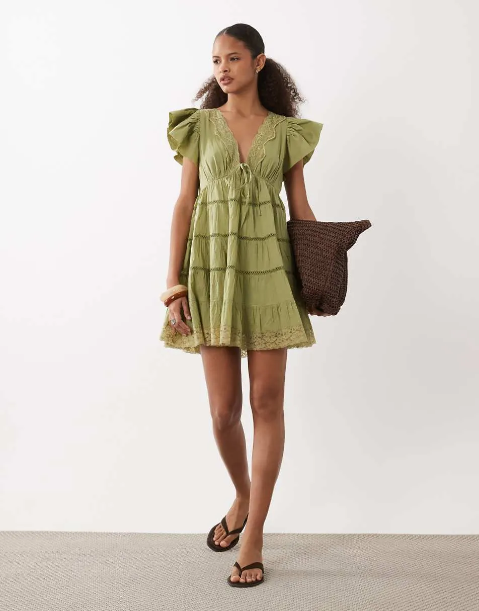 ASOS DESIGN tie front v neck mini dress in olive