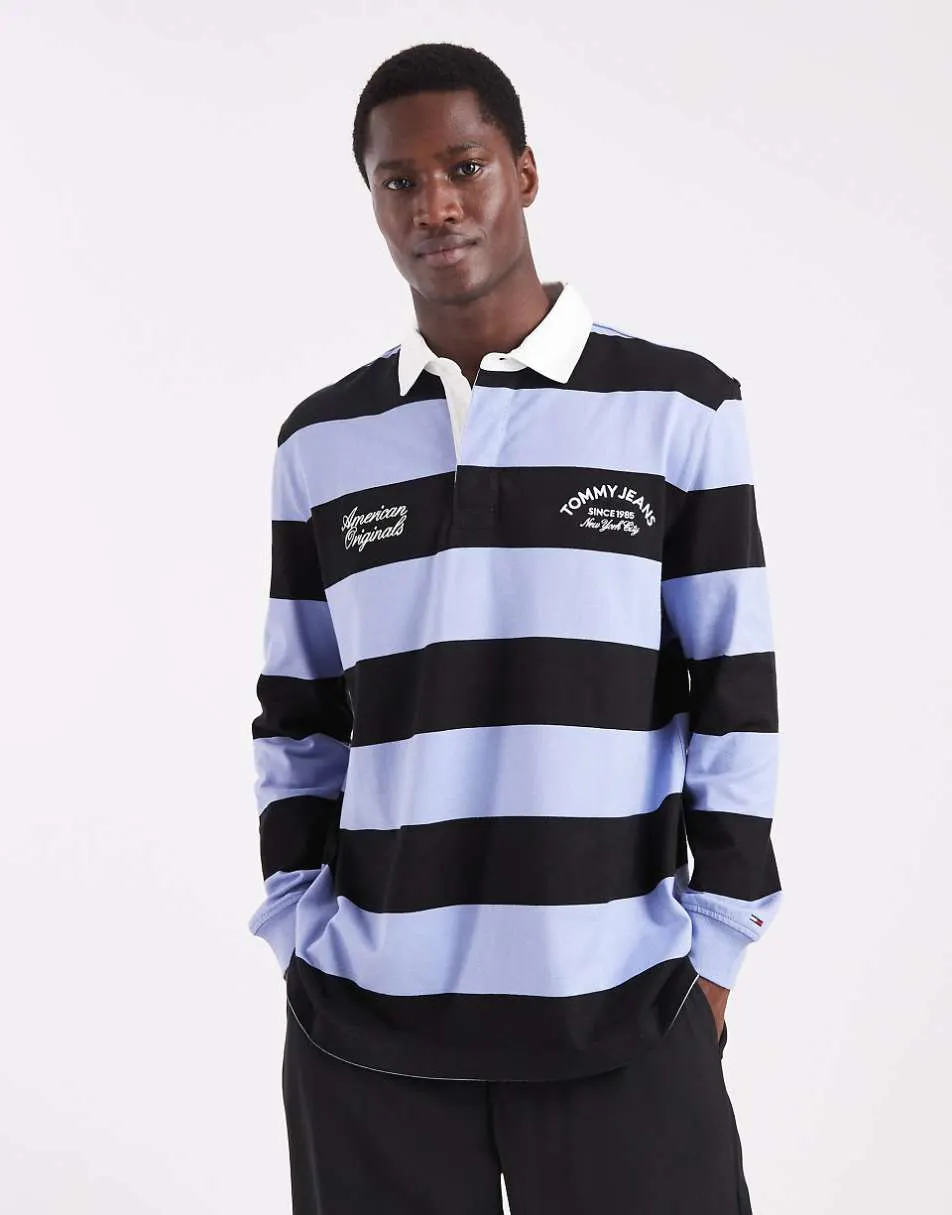 Tommy Jeans relaxed striped script logo rugby polo shirt in blue