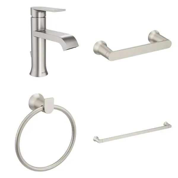 MOEN Genta Brushed Nickel Faucet, Toilet Paper Holder, Towel Ring and 24 in.​ Towel Bar Combo