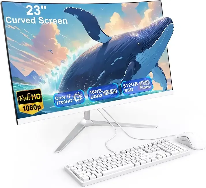 23.8" All-in-One Computer Curved Display White Minimalist Design for Work | 4 Cores Core i7 7700HQ(up to 3.8Ghz) 16GB RAM 512GB SSD Dual-Band WiFi Bluetooth 5.0 Complete with Wired Keyboard & Mouse