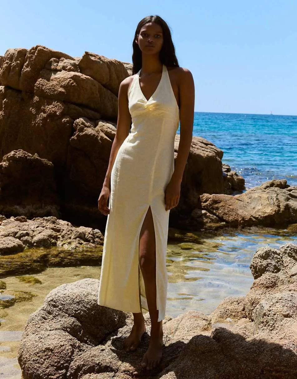 Bershka Halter midi dress with linen in yellow