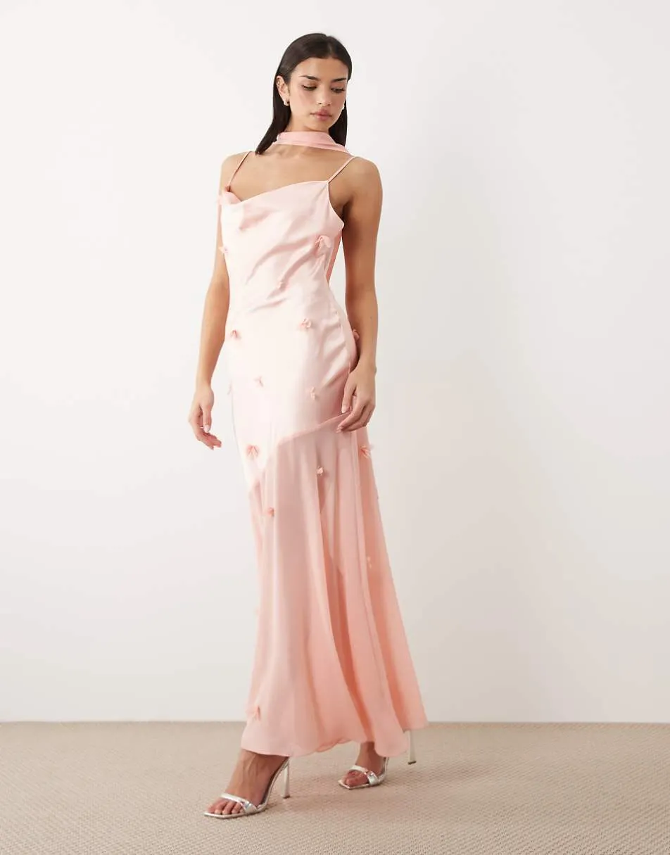 Gina Tricot 3D floral cowl neck sheer maxi dress in pink
