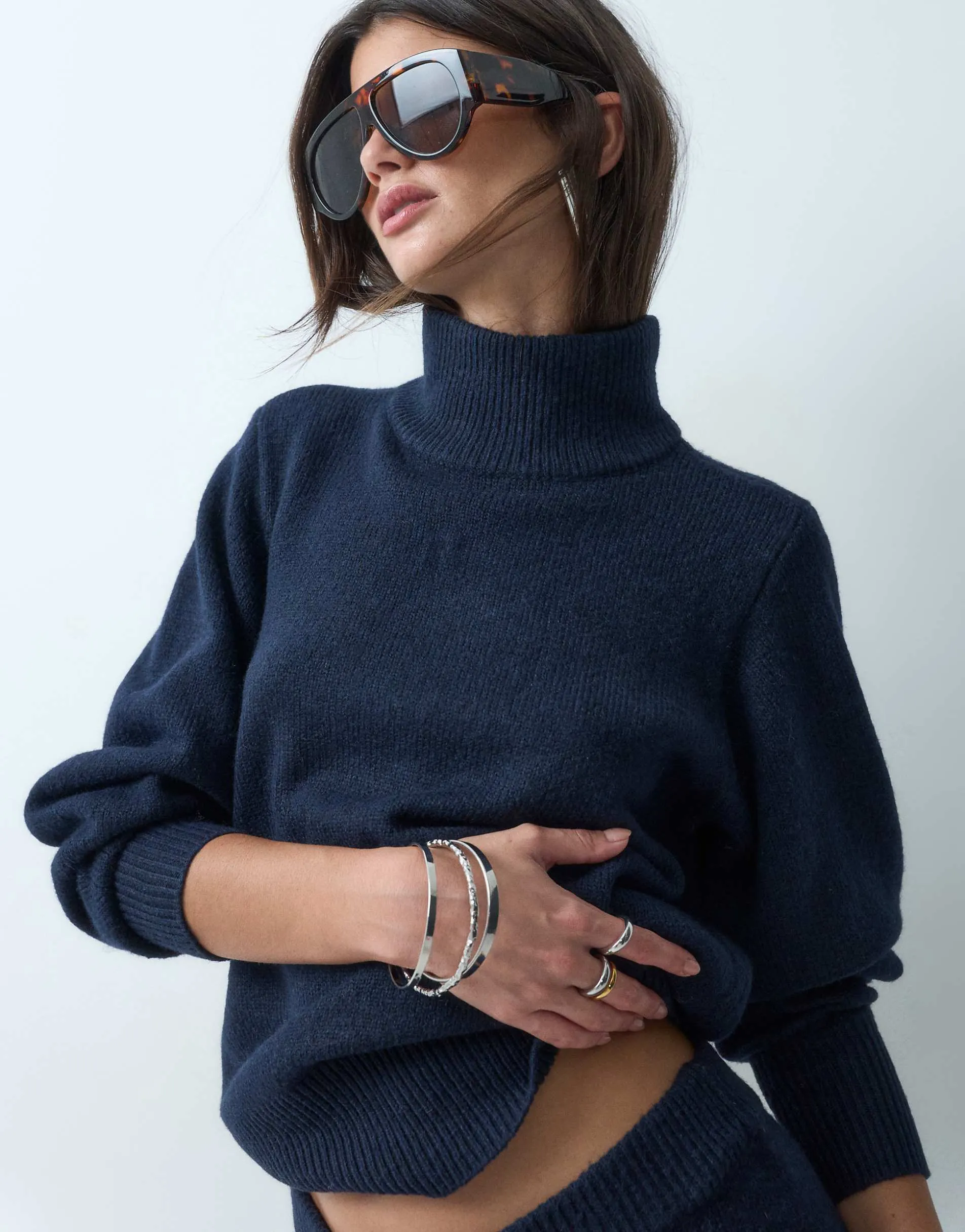 ASOS DESIGN waisted high neck jumper with wool in navy