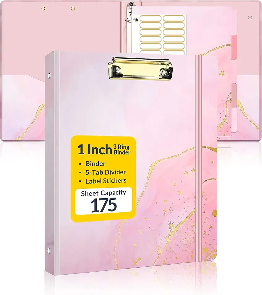 SUNEE 1 Inch Binder with Dividers, Pink Binder with Clipboard, Three Ring Binder Organizer, 5 Tab Dividers, 18 Labels and 2 Pockets, Letter Size for School and Office Supplies, Cute