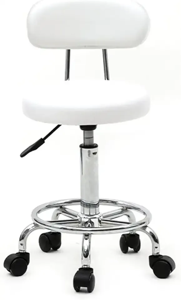 Round Rolling Bar Stool PU Leather with Wheels and Foot Rest, Height Adjustable Task Work Drafting Chair with Back for Salon Spa Tattoo Facial Medical Office Chairs (White-with Back)