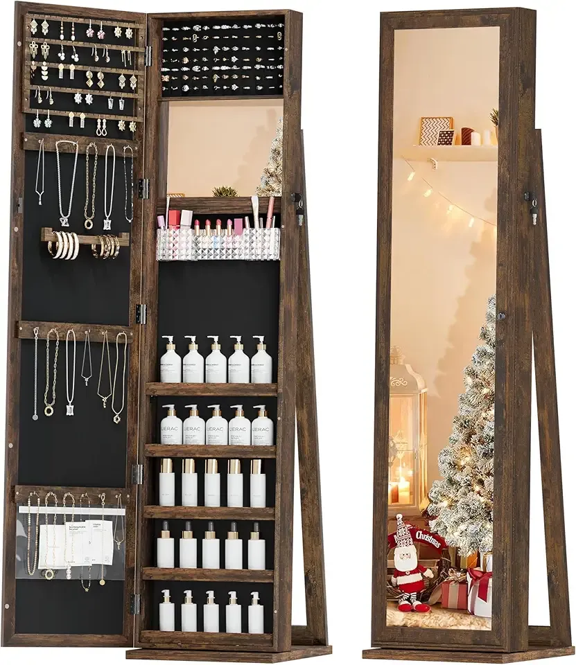 Mirror Jewelry Cabinet Standing, Full Length Mirror with Jewelry Armoire Storage, Lockable Jewelry Organizer (Simple Brown)