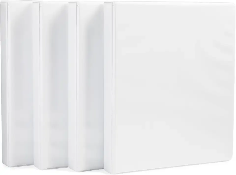 Amazon Basics 3 Ring Binder, 1 Inch D-Ring, Clear Overlay, Pockets for Storage and Organization, White, 4 Pack