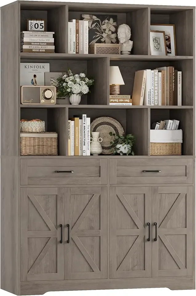 HOSTACK 71" Tall Bookcase with Drawers and Doors, 47" Wide Book Shelf and Bookcase with Storage, 6 Tier Large Book Storage Cabinet with 14" Deep Display Shelves for Living Room, Home Office, Ash Grey