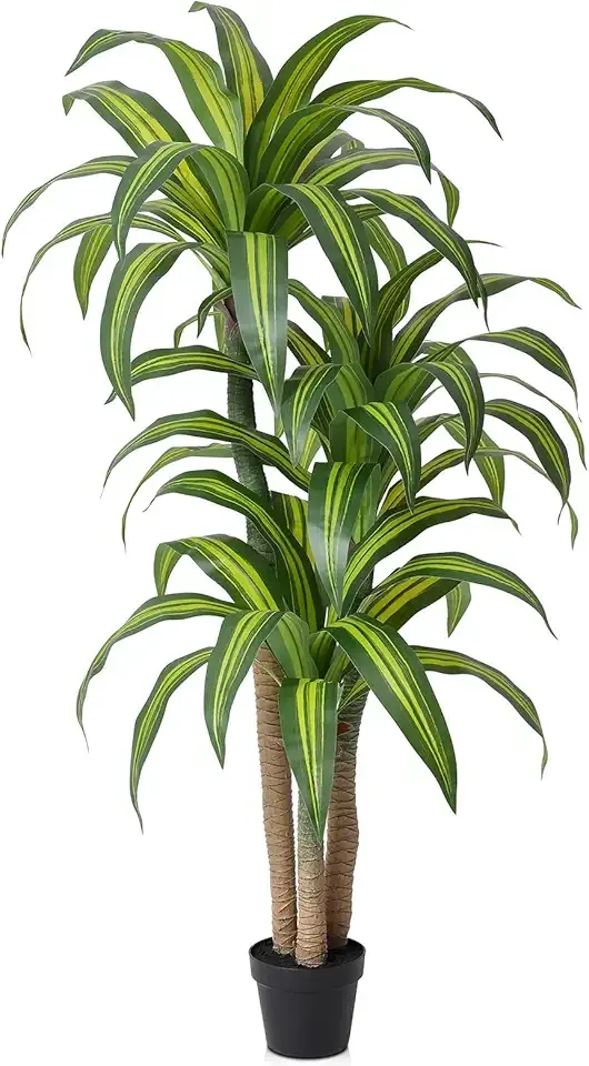 Artificial Dracaena Tree 5FT – Faux Yucca Floor Plant with Silk Leaves & Natural Trunk – Cement-Weighted Pot for Indoor Decor, Office, Living Room, Porch, Entryway, VN225