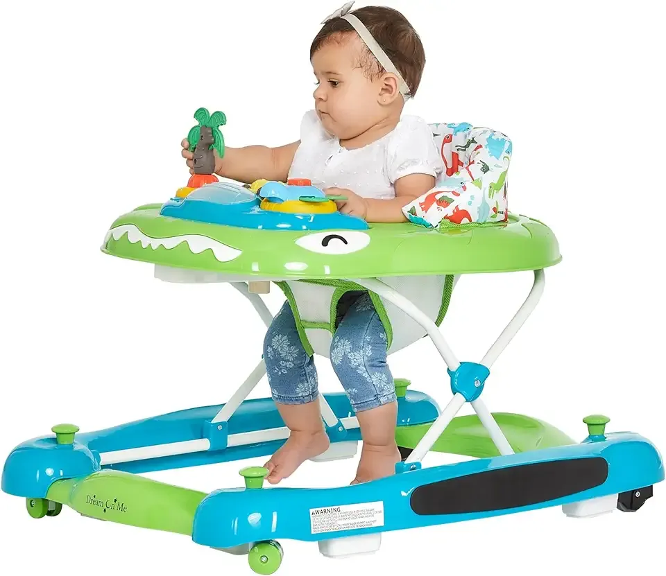 Dream On Me Baby Steps Baby Walker in Blue and Green, Adjustable Three Position Height Setting, Removable Tray, Easy to Fold and Store Baby Walker