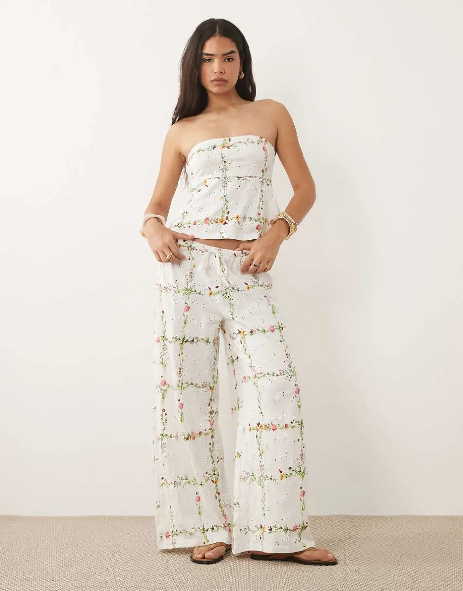 ASOS DESIGN wide leg drawcord jersey broderie trouser in floral print