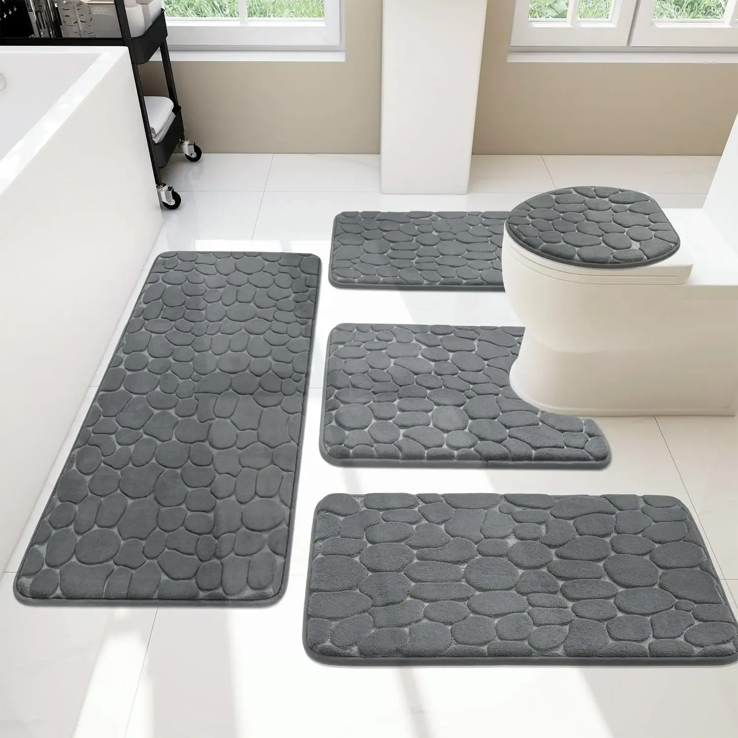 YIHOUSE Bathroom Rugs Mat Set 5 Piece Dark Grey, Memory Foam Bath Mats Sets, Non Slip Water Absorbent Washable Bath Rugs for Sink, Toilet and Floor