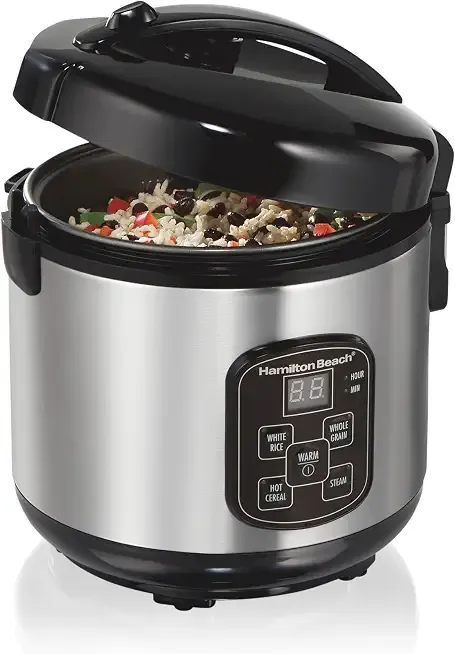 Hamilton Beach Digital Programmable Rice Cooker & Food Steamer, 8 Cups Cooked (4 Uncooked), With Steam & Rinse Basket, Stainless Steel (37518)