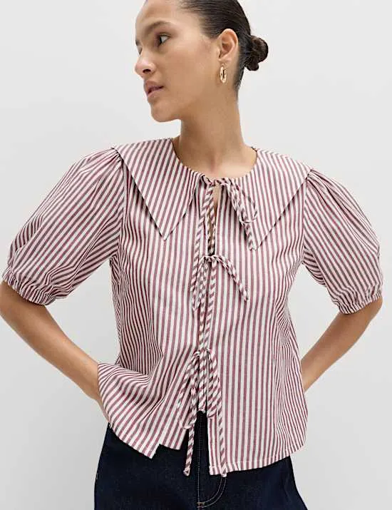Pure Cotton Striped Oversized Collar Tie Detail Shirt