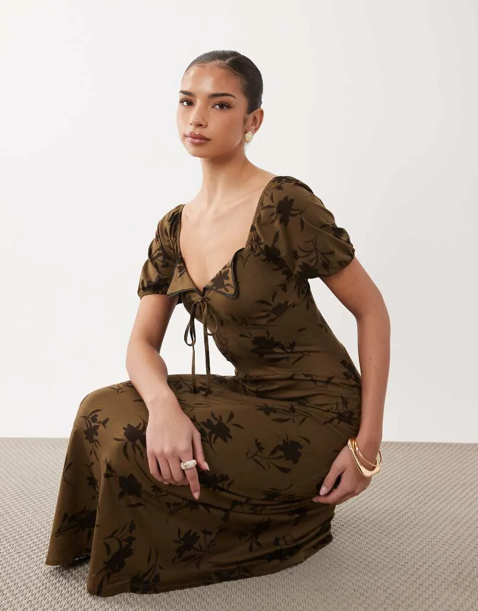 ASOS DESIGN scalloped collar puff sleeve seam detail midi tea dress in khaki floral print