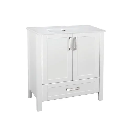Delchester 30-inch W x 32.7-inch H x 18.3-inch D Bathroom Vanity in White Wood with Integral Single Centre Sink Ceramic Top