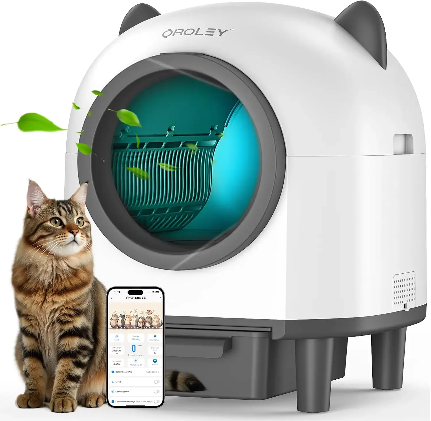 OROLEY Self Cleaning Litter Box, Automatic Litter Box,Odor Control Robot, Cat Ears Design,APP Real-Time Monitor, Cat Litter-Boxs for Multiple Cats,Infrared Safety Sensor, with 1 Trash Bag