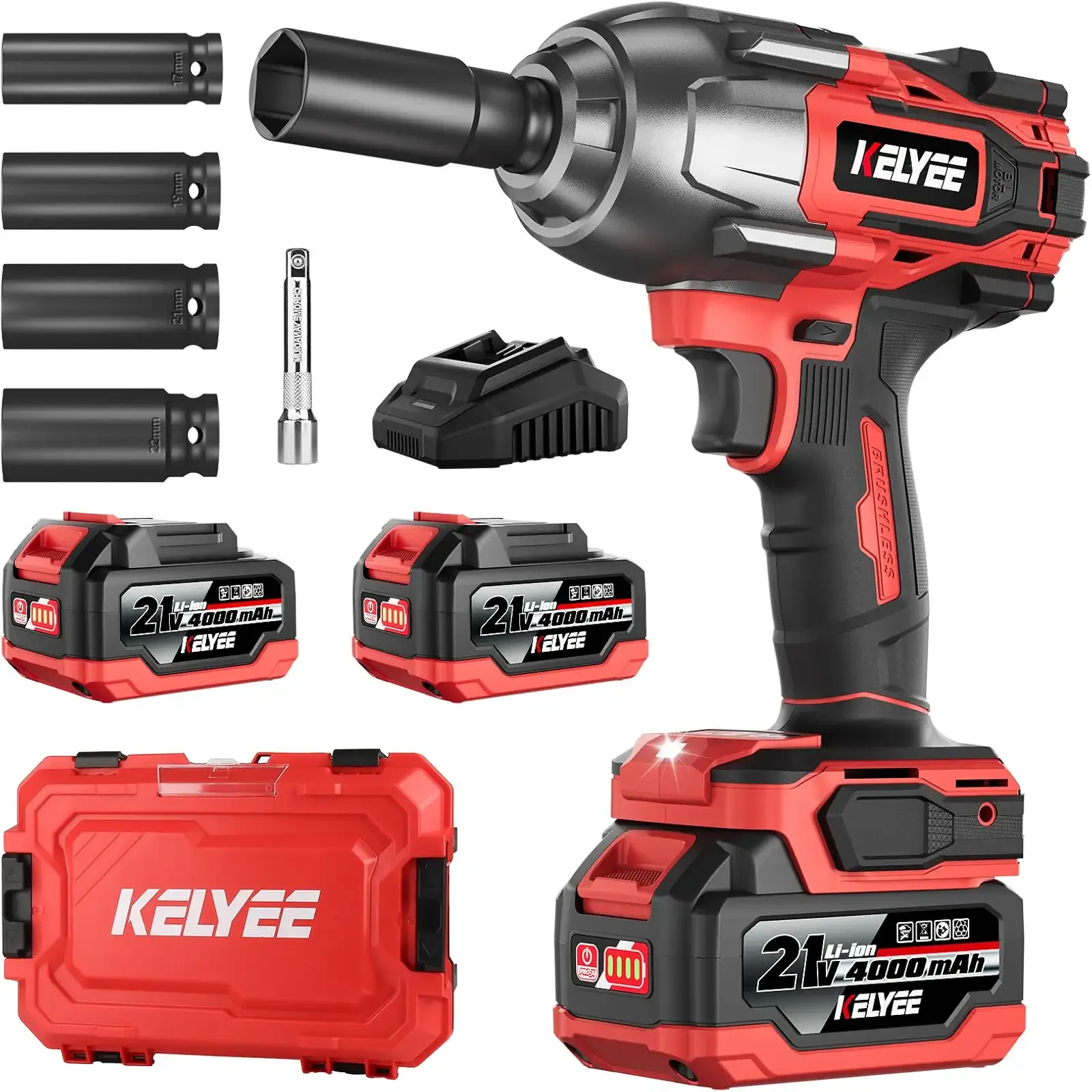 Cordless Impact Wrench 1107Ft-lbs(1500N.m), Brushless High Torque 1/2 Impact Gun with 21V 2x4.0Ah Battery, 3-Mode Speed, Electric Impact Driver with 4 Socket for Home Car Pickup Truck RV Mower