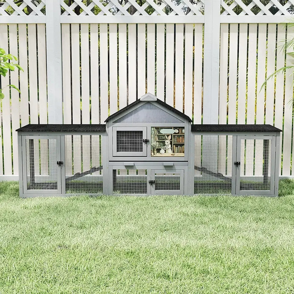 COZIWOW 82inches Extra Large Wood Rabbit Hutch Outdoor Easy to Assemble and Stable Bunny Cage Indoor with Cleaning Tray & Waterproof Roof for Small and Medium Bunny Rabbit Chick