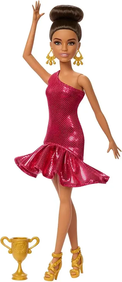 Ballroom Dancer Fashion Doll with Red Ruffle Dress, Dancing Shoes & Brown Styled Hair, Dancing Trophy Accessory