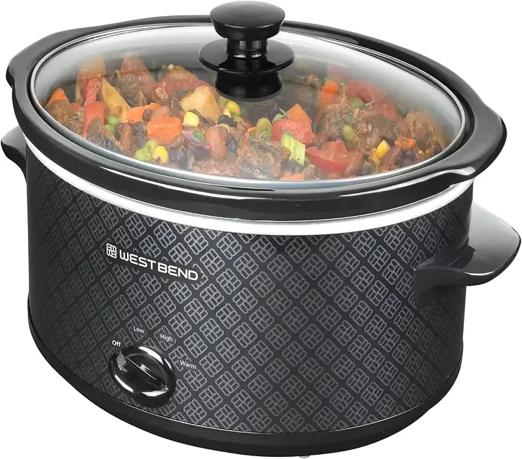 West Bend Slow Cooker 4-Quart Manual Crockery Style with Dishwasher Safe Oval Ceramic Crockpot and Glass Lid Two Temperature Settings Plus Keep Warm, 210-Watts, Black