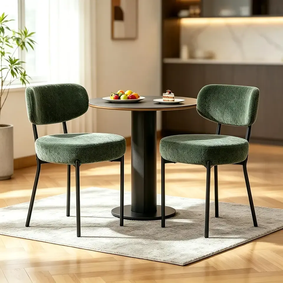 DUMOS Dining Chairs Set of 2, Mid Century Modern Chair Round Upholstered Curved Backrest, Kitchen Vanity Living Room Chairs with Black Metal Legs, Green
