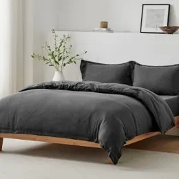 Brosa Washed Linen Cotton Quilt Cover Set (Charcoal, Queen)