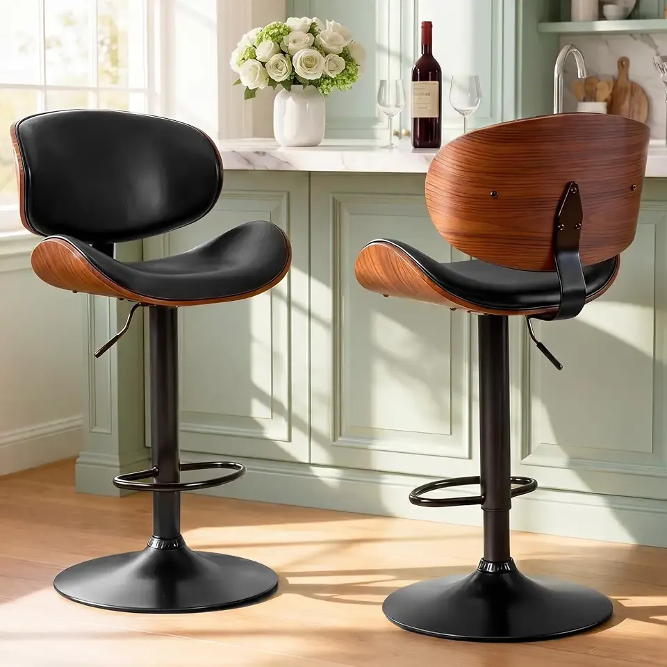 DUMOS Swivel Bar Stools Set of 2, Adjustable Counter Height 24.6''-33.3'' Bentwood BarStools, PU Leather Upholstery Bar Chair with Ergonomic Back and Footrest, Counter Stools for Kitchen Island, Black