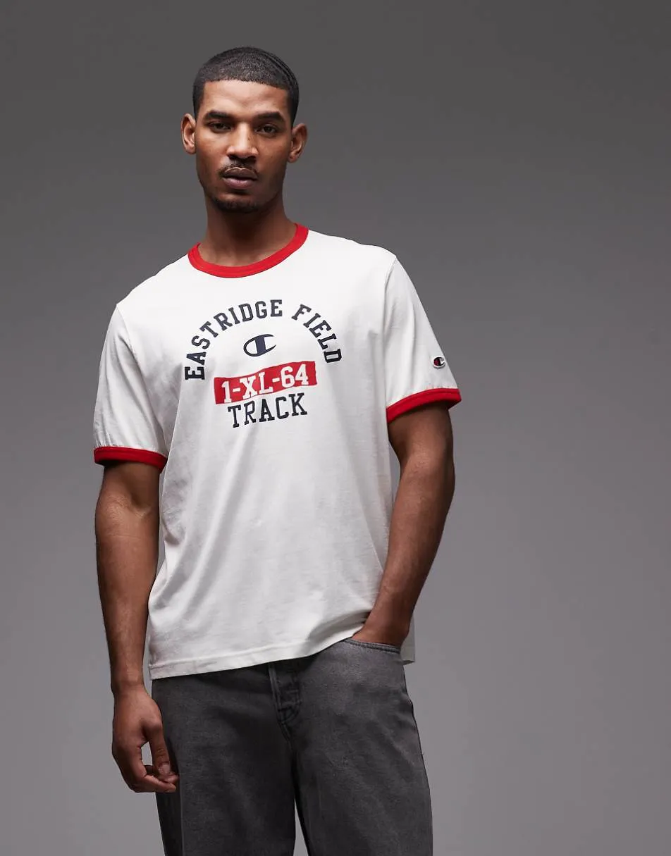 Champion Ringer graphic t-shirt in off-white and red