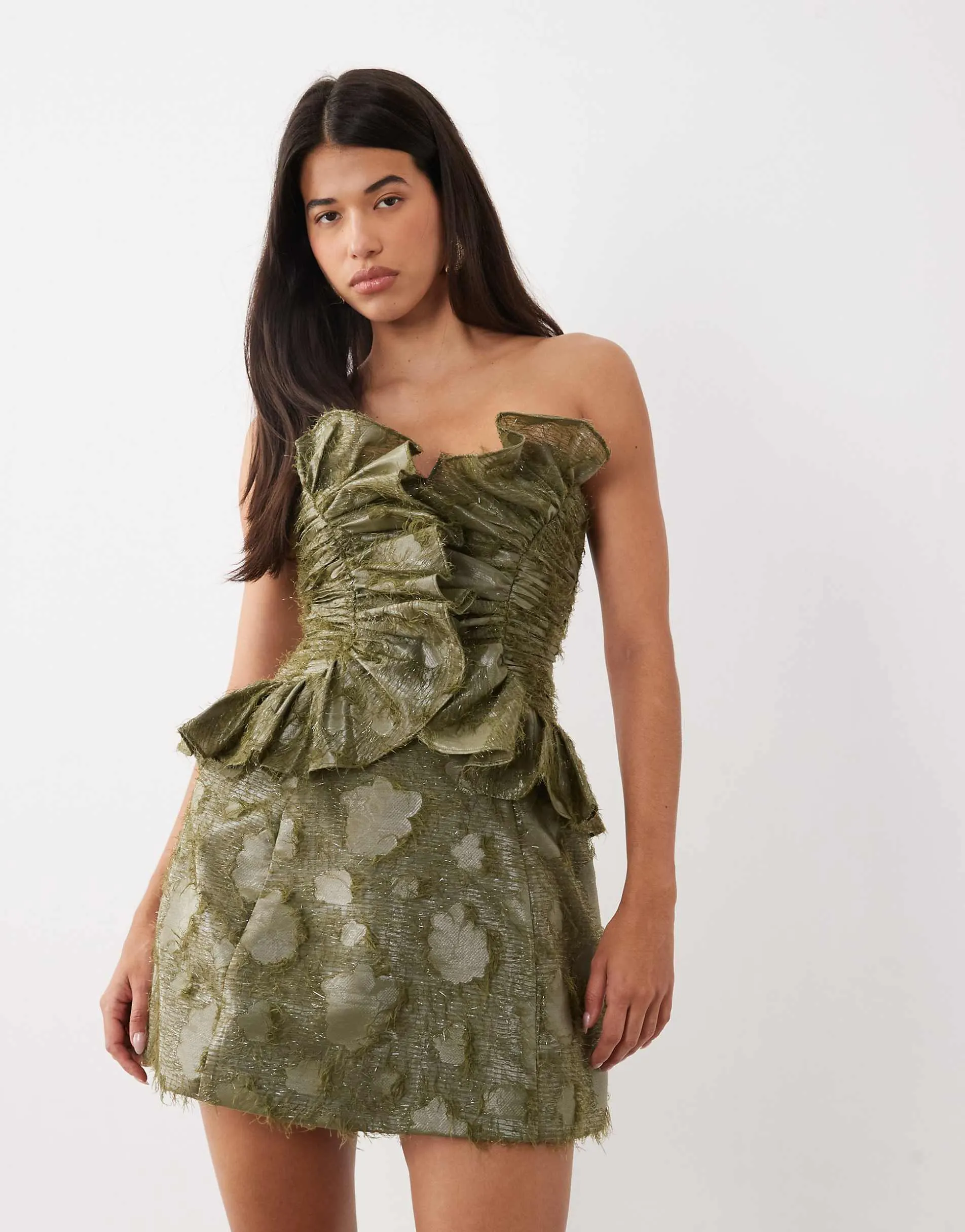 ASOS LUXE ruffle bodice textured fabric mini dress in green