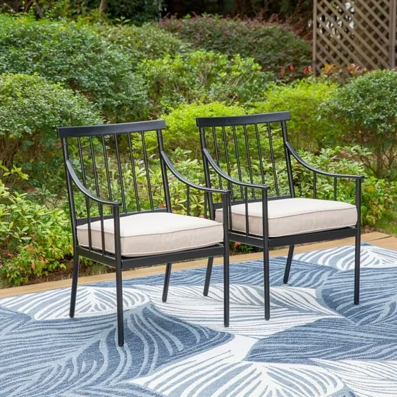MF Studio Set of 2 Outdoor Patio Dining Chairs with Cushions, Weather Resistant, Black & Beige