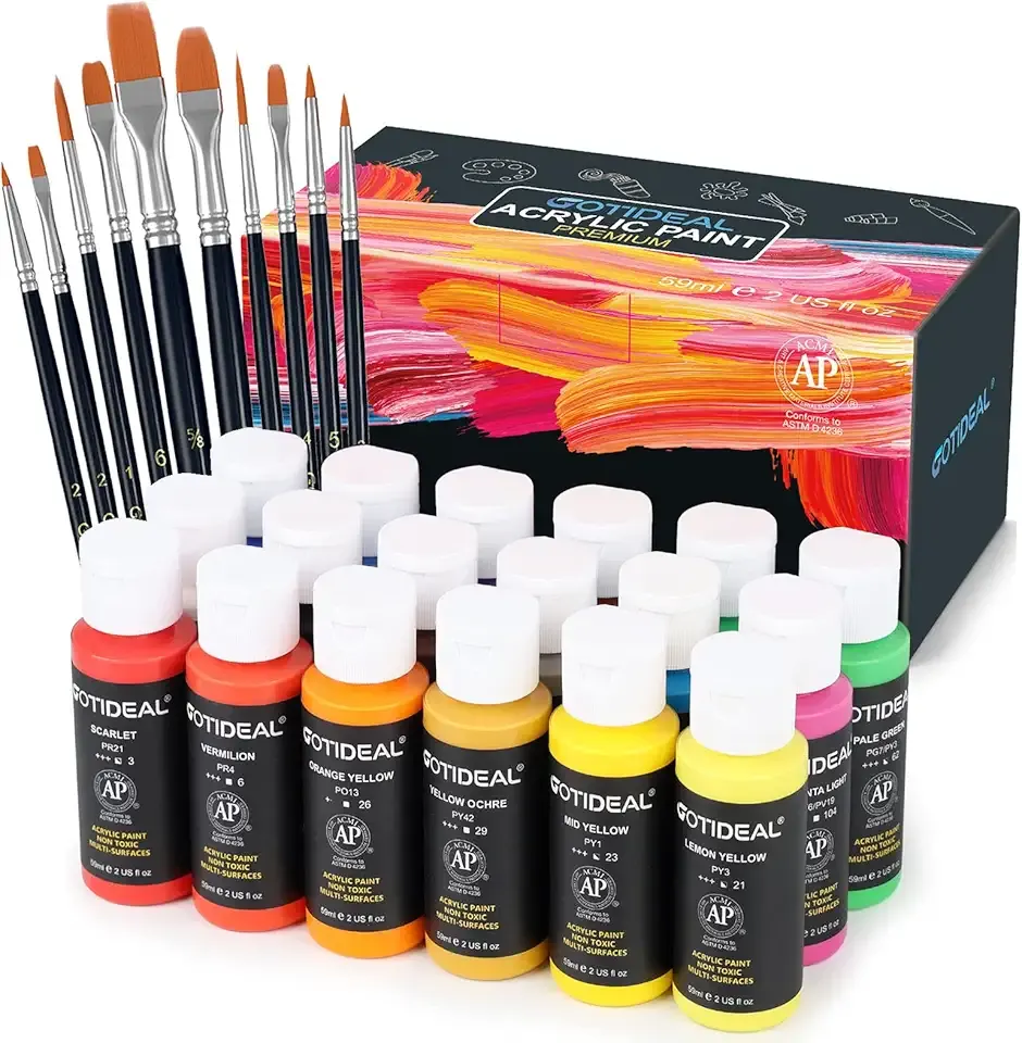 GOTIDEAL Acrylic Paint Set with 10 Brushes, 18 Colors Outdoor/Indoor (59ml, 2 oz) Art Craft Paint Non Toxic, Perfect for Hobby, Artist, Adults, Ideal for Canvas Wood Clay Ceramic Paint Supplies