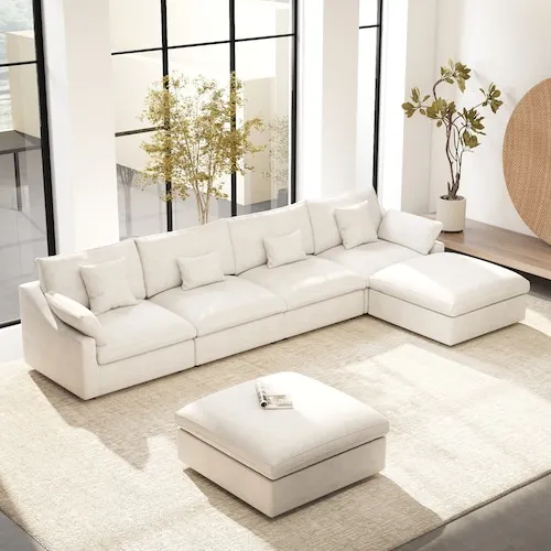 Magic Home Washable Covers 156 in. Square Arm 6-Piece Linen U-Shaped Sectional Sofa Modular Cloud Couch with 2 Ottomans in. White