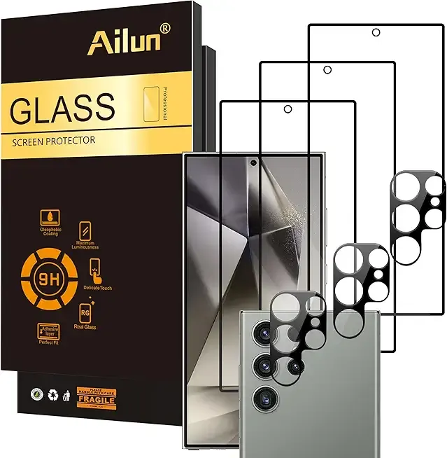 Ailun Glass Screen Protector for Galaxy S24 Ultra [6.8 Inch] 3Pack + 3Pack Camera Lens Tempered Glass Fingerprint Unlock 0.25mm Ultra Clear Anti-Scratch Case Friendly [Not For S24/S24 Plus]