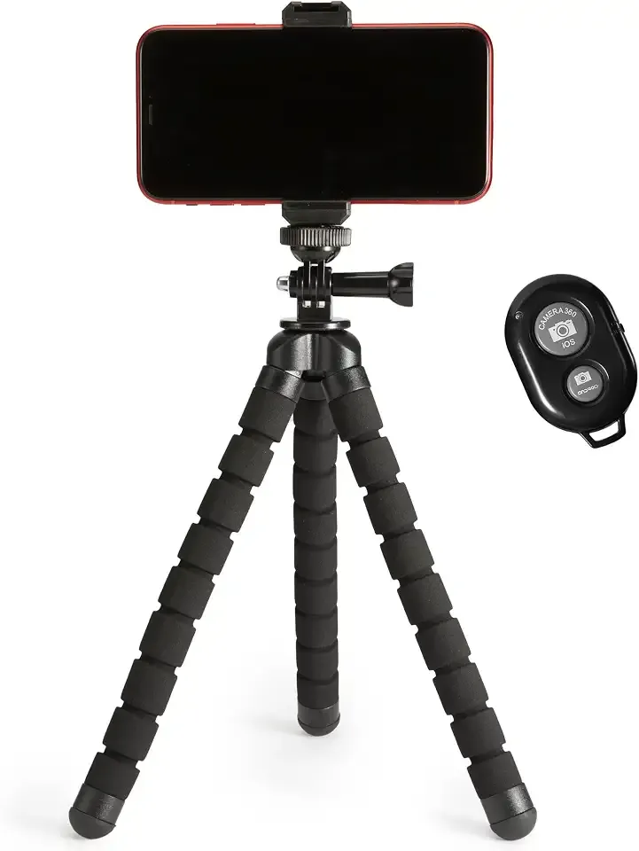 Amazon Basics Portable and Flexible Tripod with Wireless Remote and Smartphone Clamp, 10-inch, Black