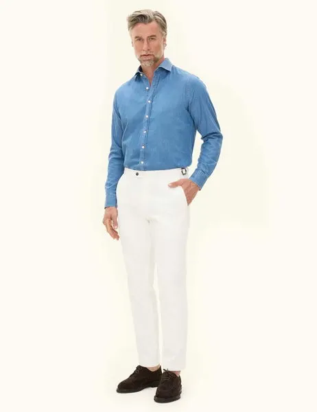 Slim Fit Cut Away Washed Denim Shirt Chamb Blue