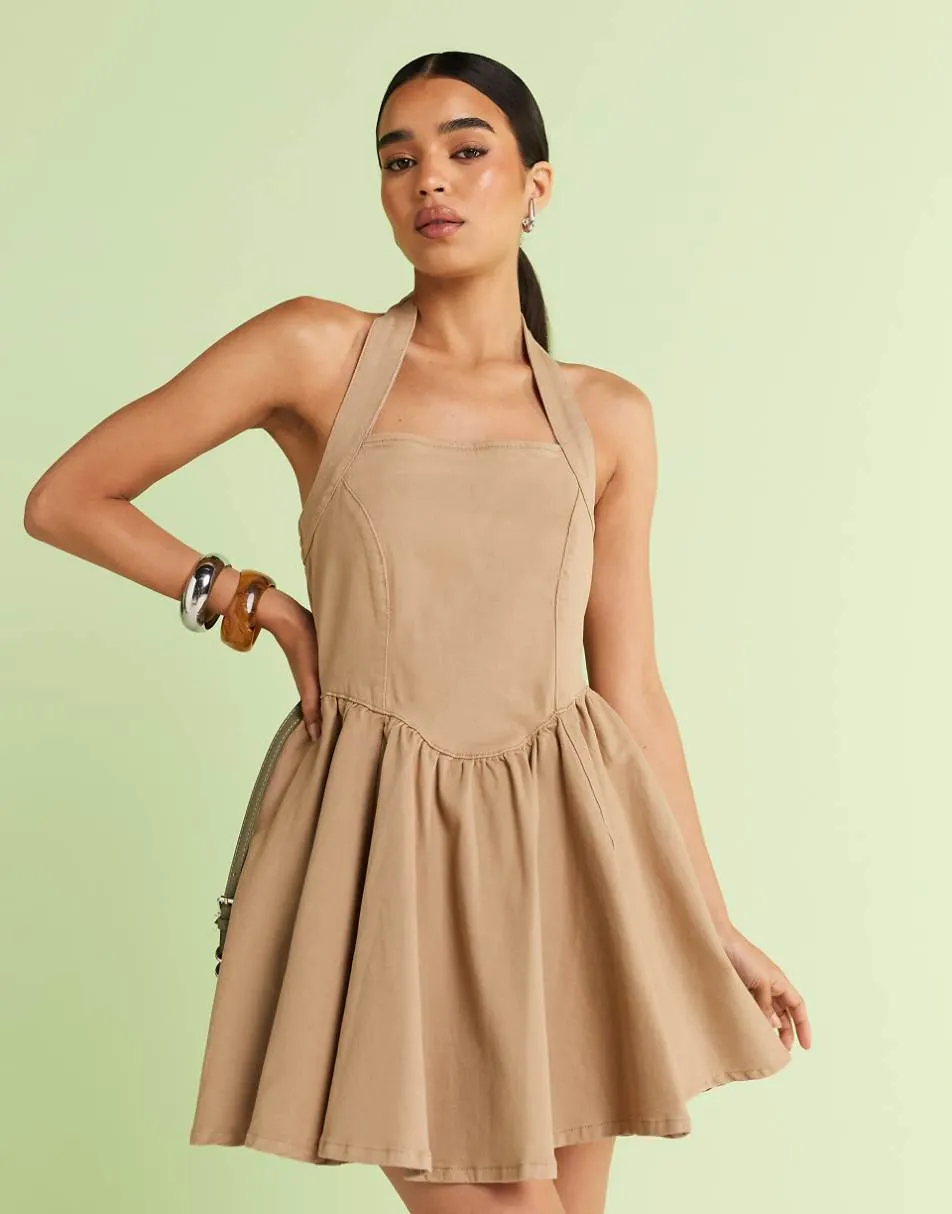 ASOS DESIGN denim halter neck mini dress in neutral