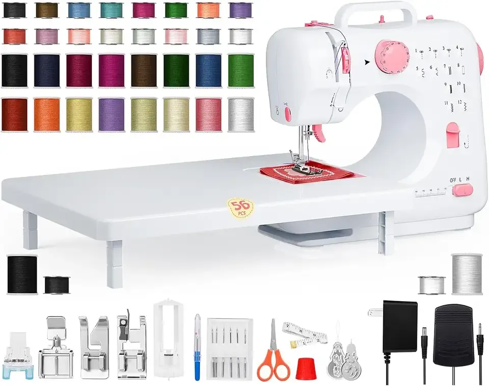Portable Sewing Machine for Beginners, Small Easy to Use with 12 Built in Stitches, Reverse Stitching, Extension Table, LED Light, 32 Color Thread Kit for Home Mending, Crafts, Kids and Adults, Pink