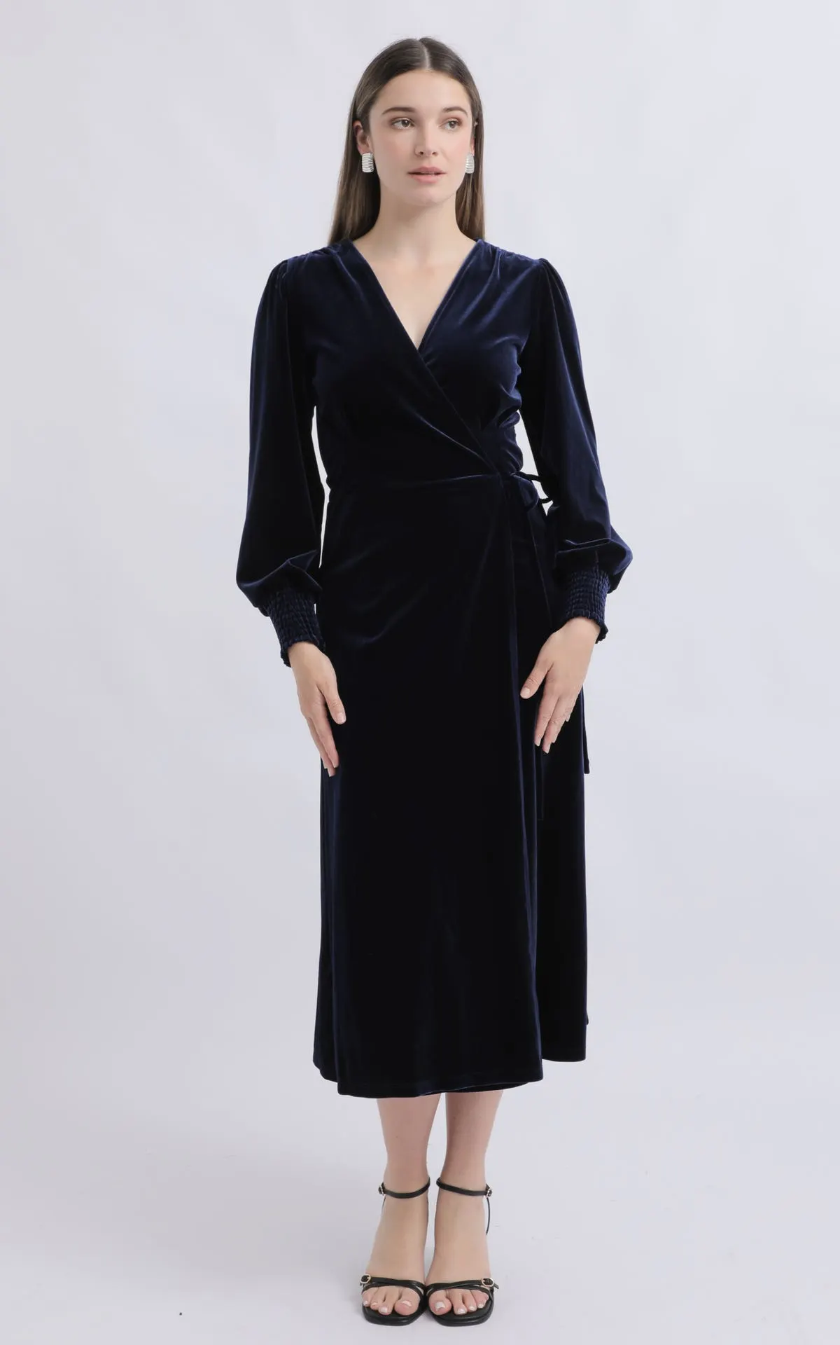 Velvet Shirred Sleeve Wrap Dress