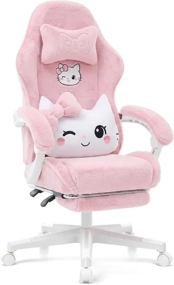 Pink Cat Gaming Chair,Ultra Soft Cute Microplush Fleece Office Desk Chair