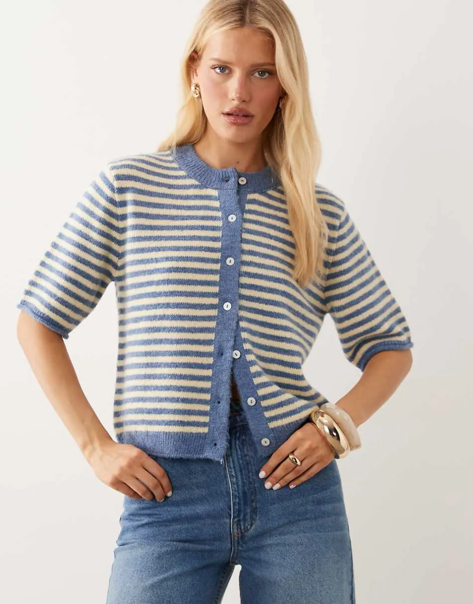 ASOS DESIGN lightweight relaxed short sleeve cardigan in blue & buttermilk