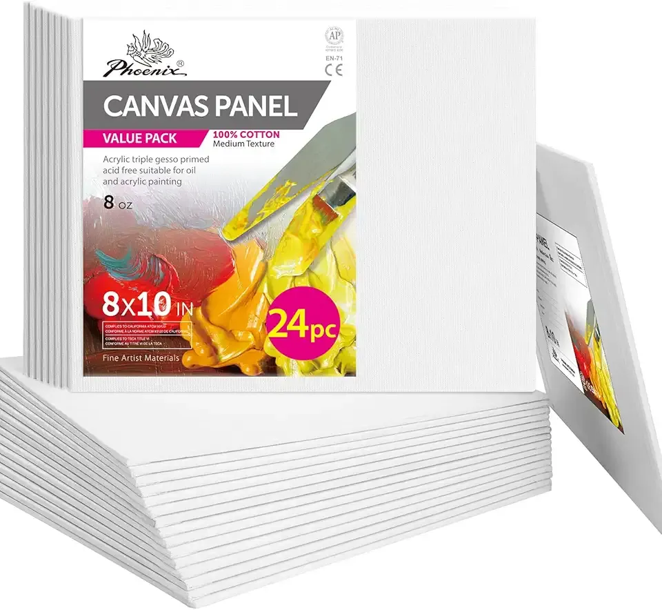 PHOENIX Painting Canvas Panels 8x10 Inch, 24 Bulk Pack - 8 Oz Triple Primed 100% Cotton Acid Free Canvases for Painting, White Blank Flat Canvas Boards for Acrylic, Oil Paints