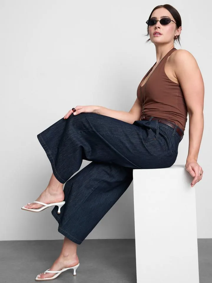 Jupe-culotte en denim de coton à ceinture