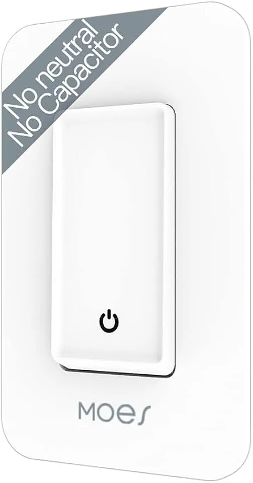 MOES WiFi Smart Light Switch, No Neutral Wire, No Capacitor, No Hub Needed | 2Nd Gen Single Live Wire Push Button Switch; Smart Life/Tuya App Control, Works with Alexa and Google Home; Min 7W Load